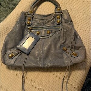 Balenciaga GGH Brief Bag Light Blue Handbag with Gold Accents